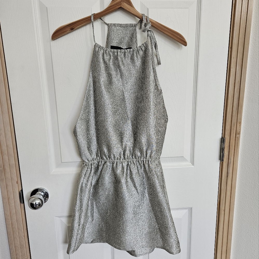 NWT Vanessa Mooney "Bella" Silver Metallic Halter Mini Dress Size Small